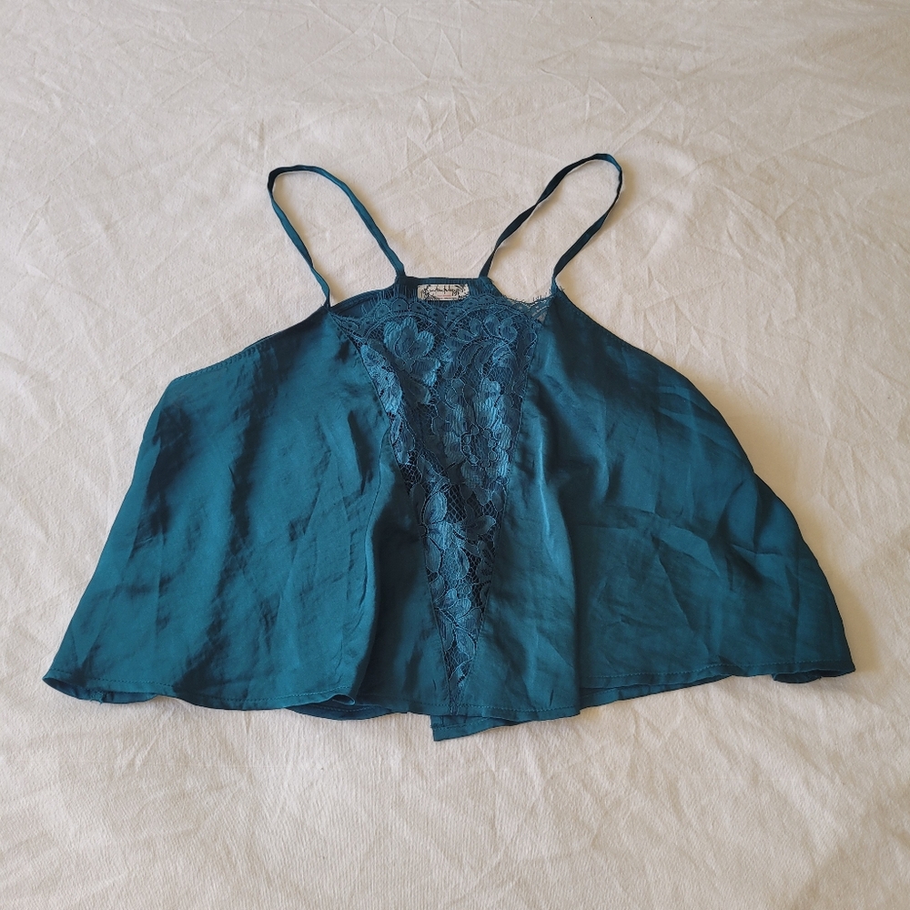 Intimately Free People Cami Tank Top Womens XS Dark Green Lace Inset Feminine